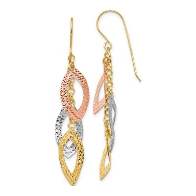 14K Tri-Color Gold Diamond-Cut Leaf Dangle Earrings