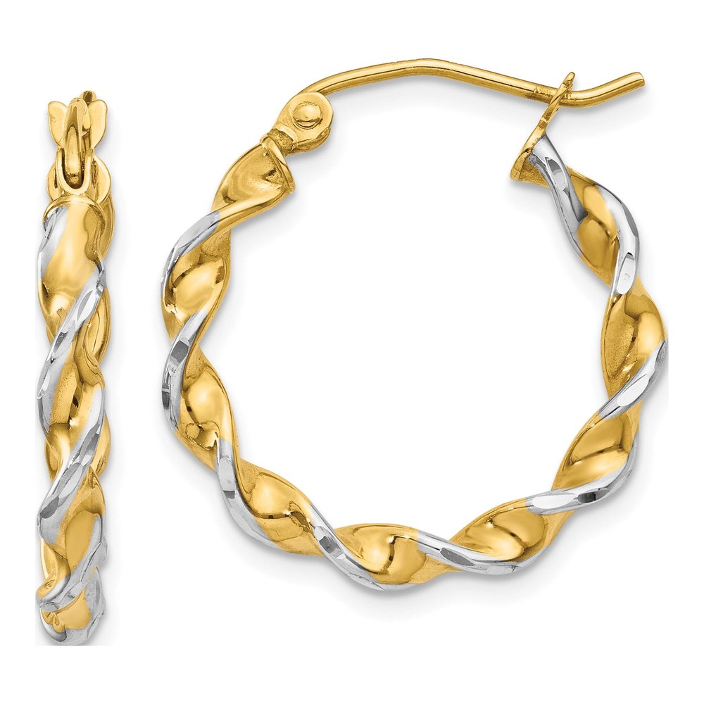 14K Yellow Gold Twisted Hoop Earrings w/ Rhodium