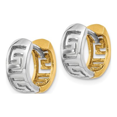 14K Two-Tone Gold 9mm Greek Key Huggie Hoop Earrings – view 3