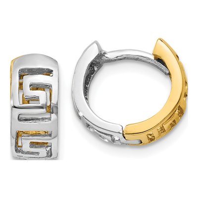 14K Two-Tone Gold 9mm Greek Key Huggie Hoop Earrings