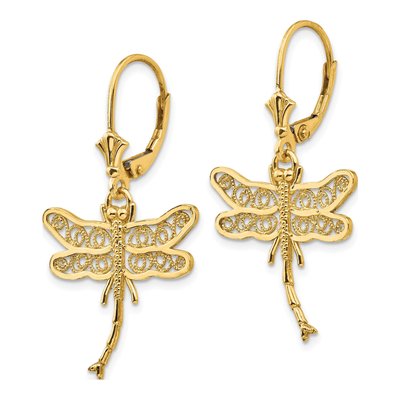 14K Yellow Gold Filigree Dragonfly Leverback Earrings – view 3