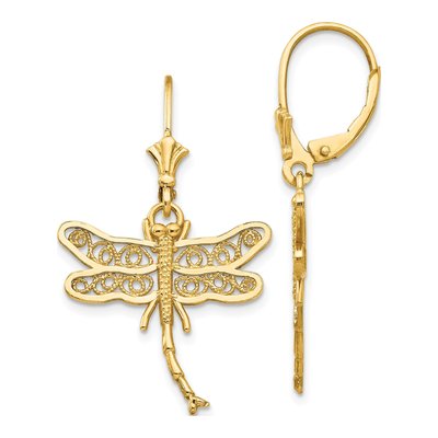 14K Yellow Gold Filigree Dragonfly Leverback Earrings