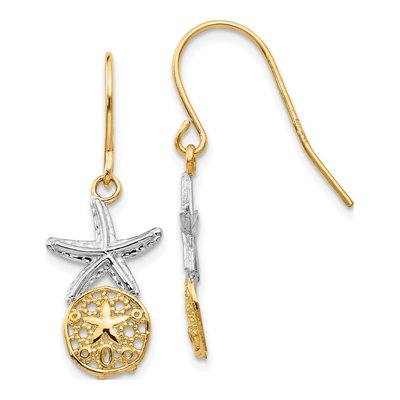 14K Yellow Gold Starfish Sand Dollar Dangle Earrings