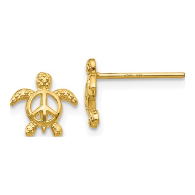 14K Yellow Gold Turtle Peace Symbol Stud Earrings