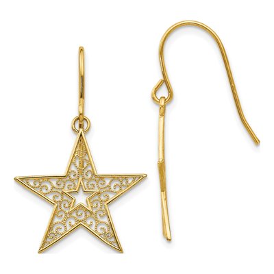 14K Yellow Gold Filigree Star Dangle Earrings