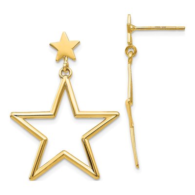 14K Yellow Gold Open Star Dangle Earrings