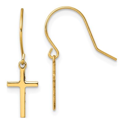 14K Yellow Gold Cross French Hook Dangle Earrings