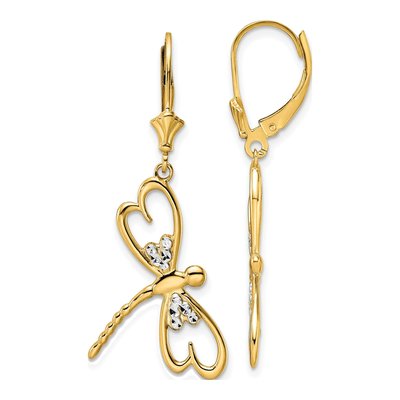 14K Yellow Gold Dragonfly Leverback Earrings