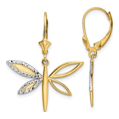 14K Yellow Gold Dragonfly Leverback Earrings