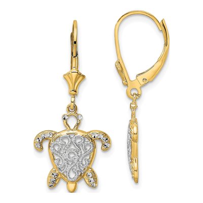 14K Yellow Gold Turtle Leverback Earrings