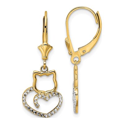14K Yellow Gold Cat Heart Leverback Earrings
