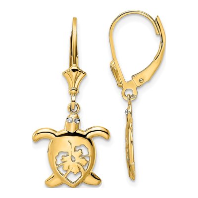 14K Yellow Gold Turtle Leverback Earrings