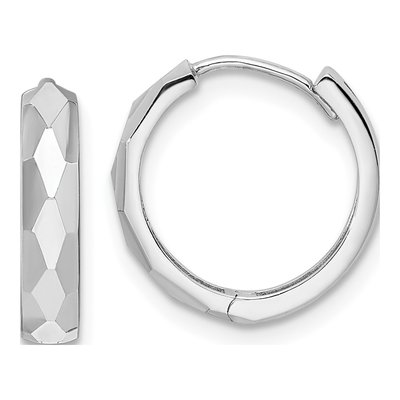 14K White Gold 15mm Diamond-Cut Huggie Hoop Earrings