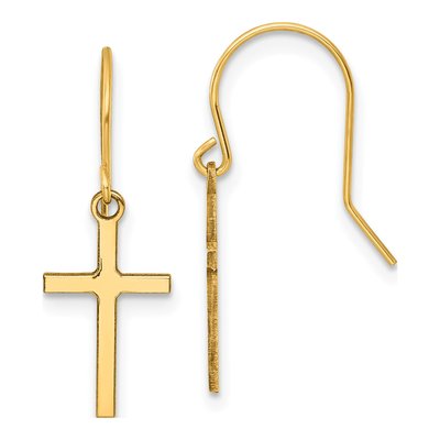 14K Yellow Gold Cross French Hook Dangle Earrings