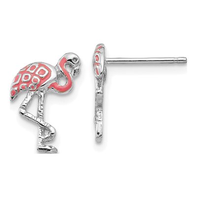 14K White Gold Pink Enamel Flamingo Stud Earrings