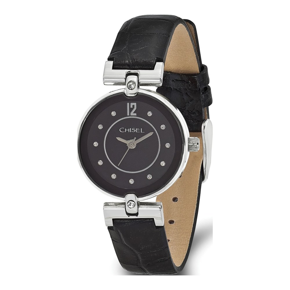 Women's Chisel Black Leather Watch w/ Crystals