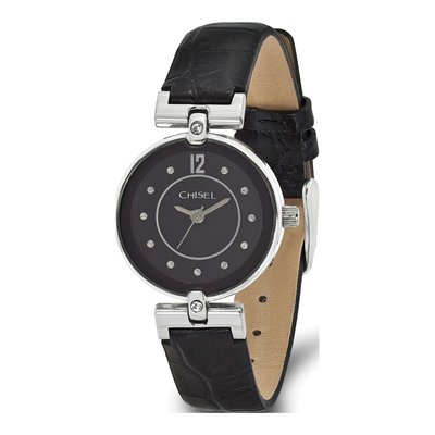 Women's Chisel Black Leather Watch w/ Crystals