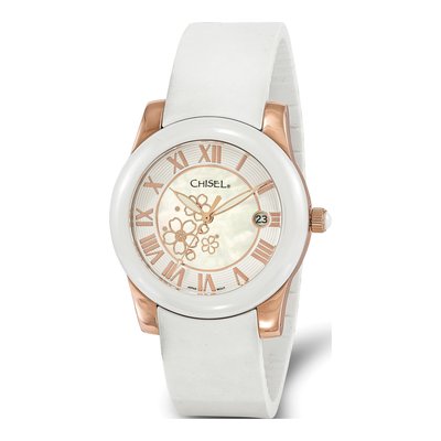 Women's Rose-Tone Floral Dial White Strap Watch