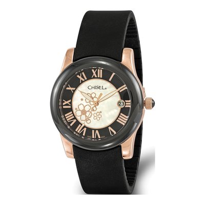 Women's Rose-Tone Floral Dial Black Strap Watch