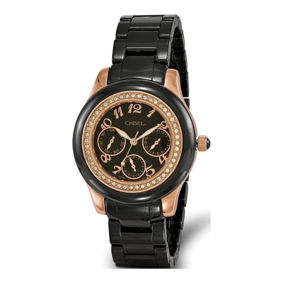 Women's Rose-Tone Ceramic Watch, Black Dial