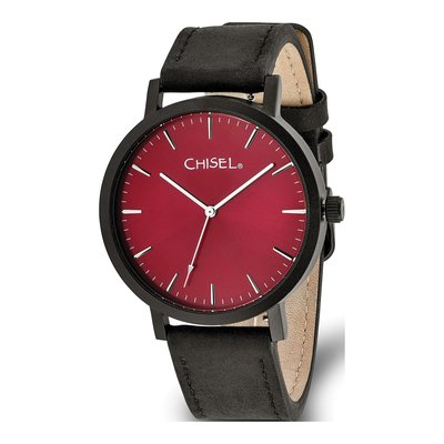 Matte Black Watch, Red Dial, Leather Band