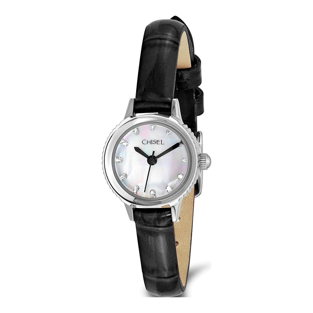 Ladies Chisel Stainless Steel Black Leather Strap Watch