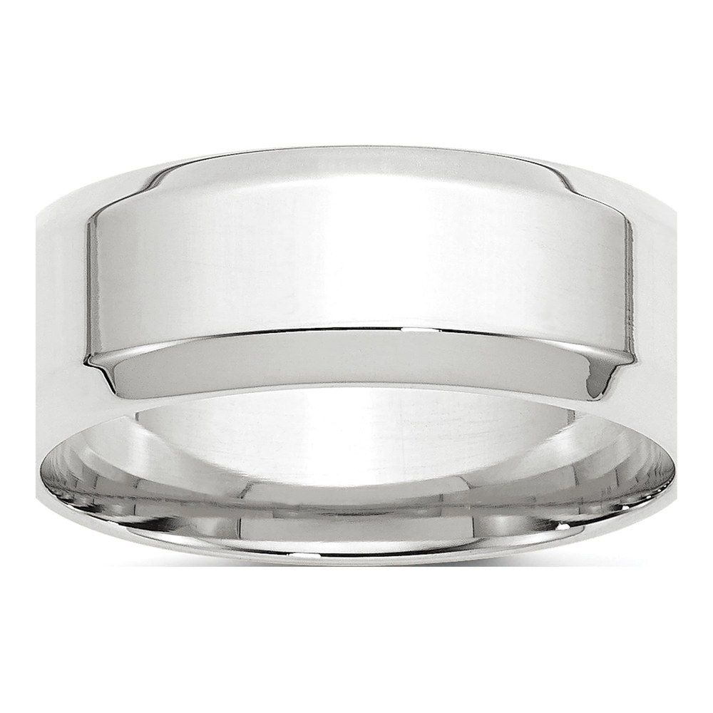 14K White Gold Rhodium-Plated 8mm Beveled Edge Comfort Fit Wedding Band Size 4