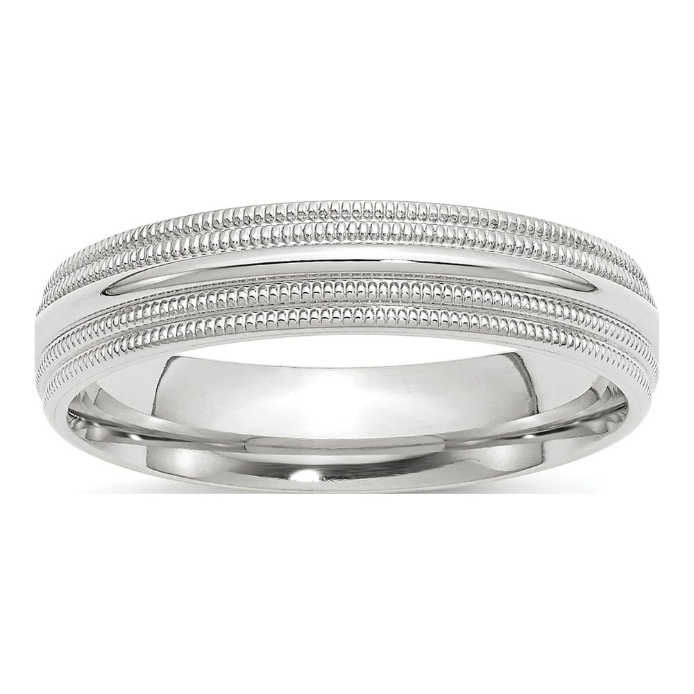 14K White Gold Rhodium-Plated 5mm Double Milgrain Comfort Fit Wedding Band Size 4