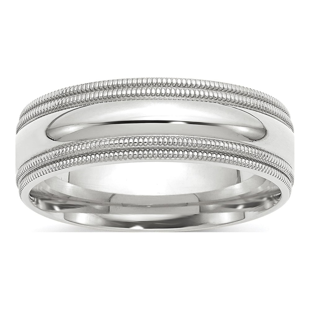 14K White Gold Rhodium-Plated 7mm Double Milgrain Comfort Fit Wedding Band Size 8