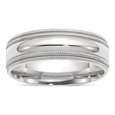 14K White Gold 7mm Domed Double Milgrain Comfort-Fit Wedding Band