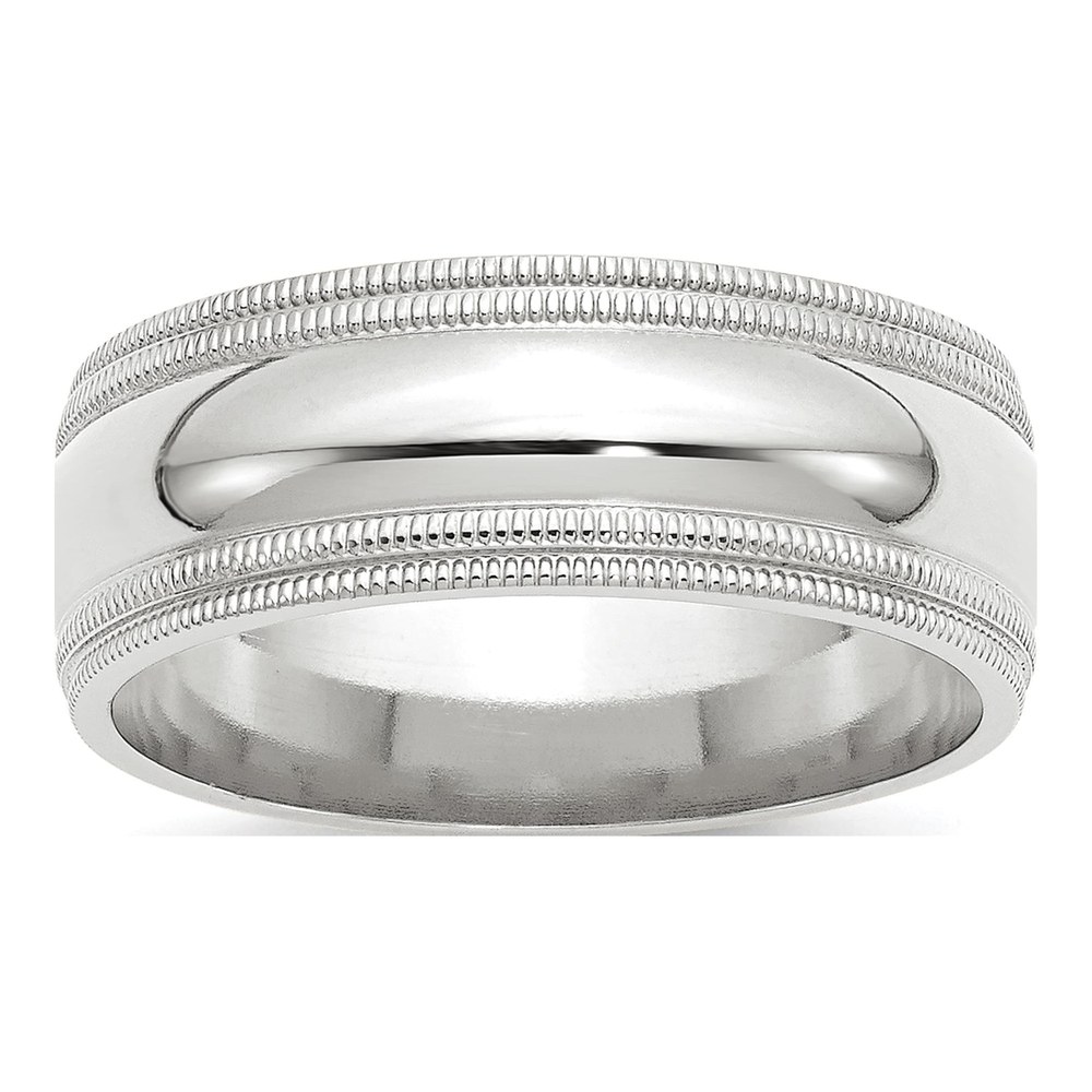 14K White Gold Rhodium-Plated 8mm Double Milgrain Comfort Fit Wedding Band Size 4