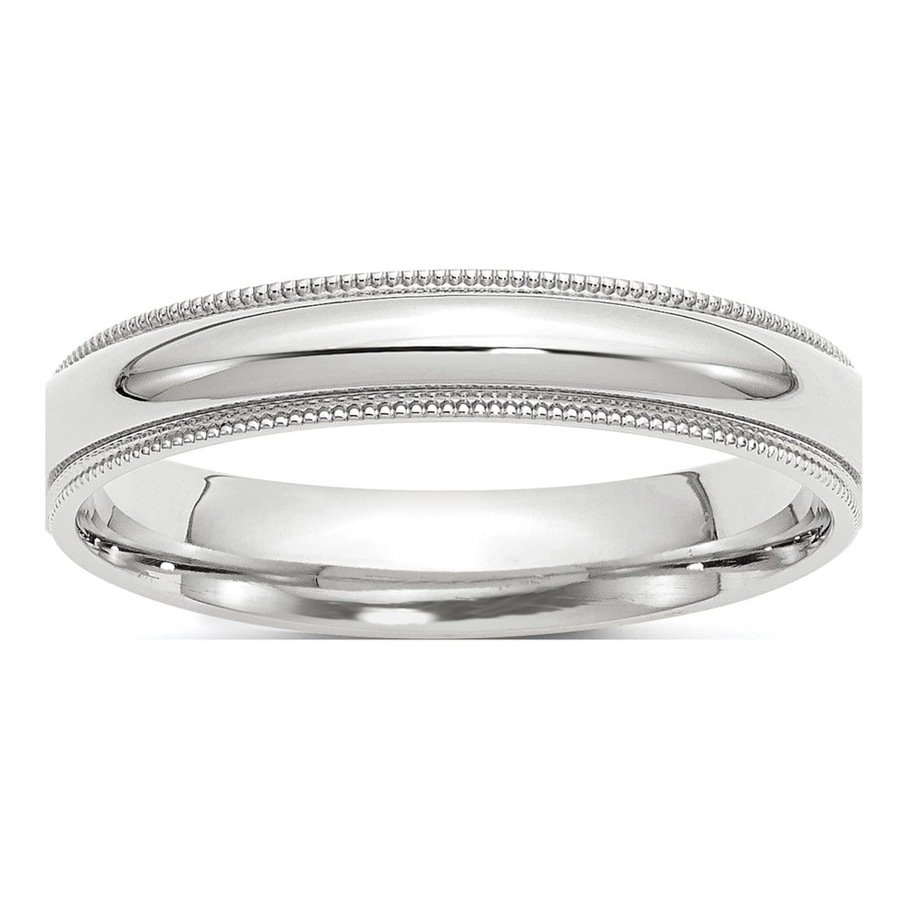 14K White Gold Rhodium-Plated 4mm Milgrain Half Round Comfort Fit Wedding Band Size 4
