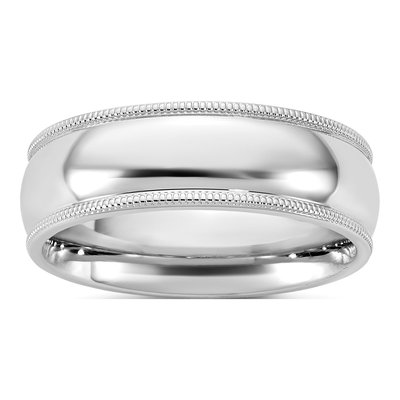 14K White Gold 6.5mm Domed Milgrain Comfort-Fit Wedding Band
