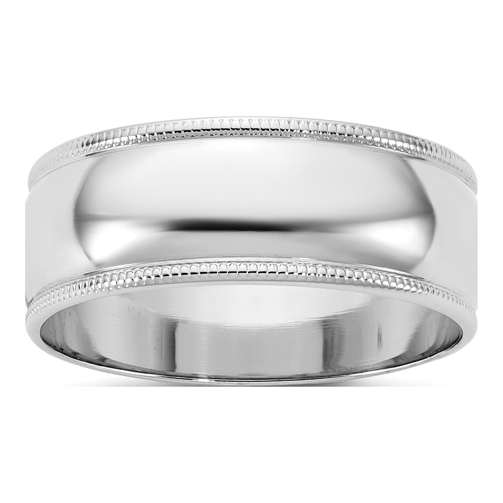 14K White Gold Rhodium-Plated 7mm Light-Weight Milgrain Half Round Band Size 8