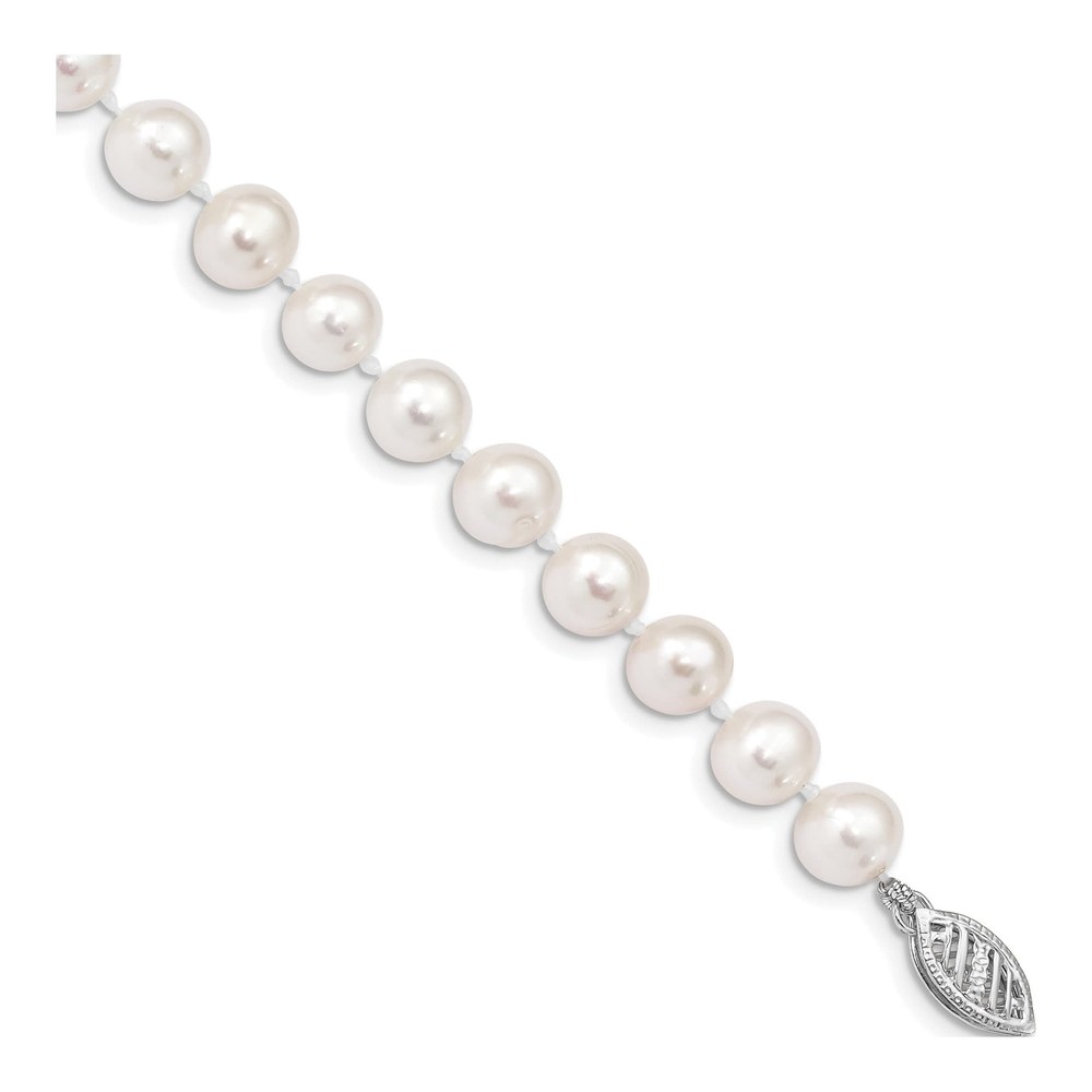 14K White Gold Rhodium-Plated 6-7mm White Near Round Freshwater Cultured Pearl 7.5 Inch Bracelet with Pearl Clasp