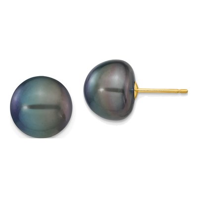 14K Yellow Gold Black Freshwater Cultured Pearl Button Stud Earrings