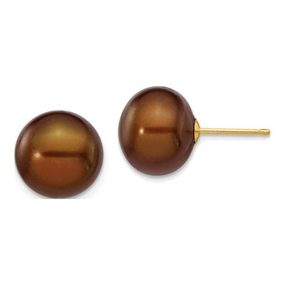 14K Yellow Gold Brown Freshwater Cultured Pearl Button Stud Earrings