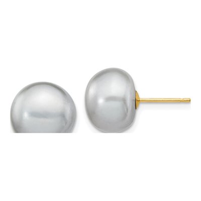 14K Yellow Gold Grey Freshwater Cultured Pearl Button Stud Earrings