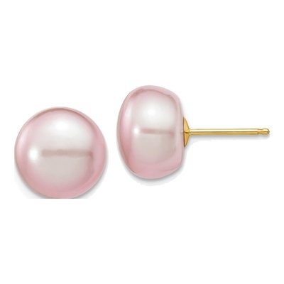 14K Yellow Gold Purple Freshwater Cultured Pearl Button Stud Earrings