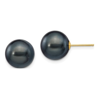 14K Yellow Gold Round Black Freshwater Cultured Pearl Stud Earrings