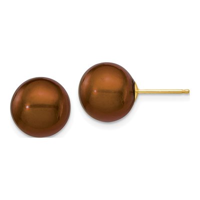 14K Yellow Gold Round Brown Freshwater Cultured Pearl Stud Earrings
