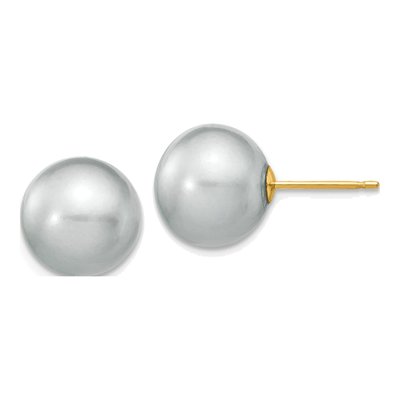 14K Yellow Gold Round Grey Freshwater Cultured Pearl Stud Earrings