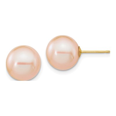 14K Yellow Gold Round Pink Freshwater Cultured Pearl Stud Earrings