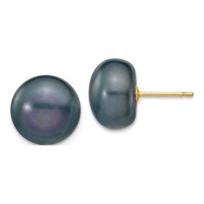 14K Yellow Gold Black Freshwater Cultured Pearl Button Stud Earrings