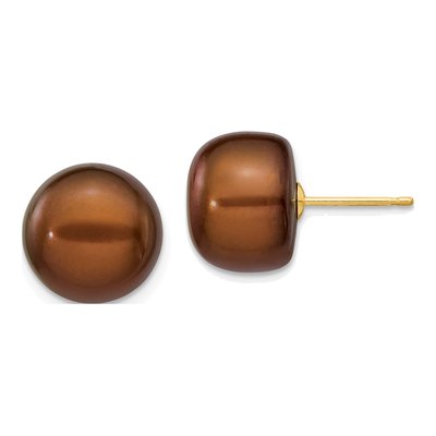 14K Yellow Gold Brown Freshwater Cultured Pearl Button Stud Earrings