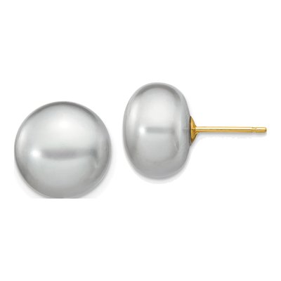 14K Yellow Gold Grey Freshwater Cultured Pearl Button Stud Earrings