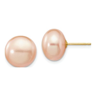 14K Yellow Gold Pink Freshwater Cultured Pearl Button Stud Earrings