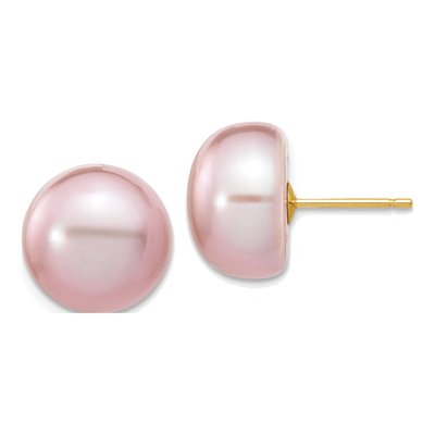 14K Yellow Gold Purple Freshwater Cultured Pearl Button Stud Earrings