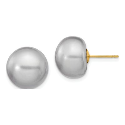 14K Yellow Gold Grey Freshwater Cultured Pearl Button Stud Earrings