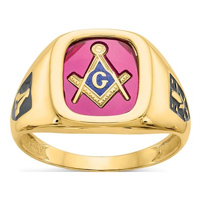Men's 14K Yellow Gold Lab-Created Ruby Masonic Ring